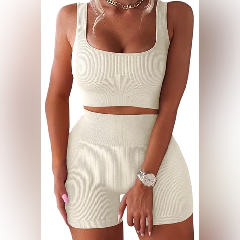 Cream Ribbed Athletic Top and Short Set